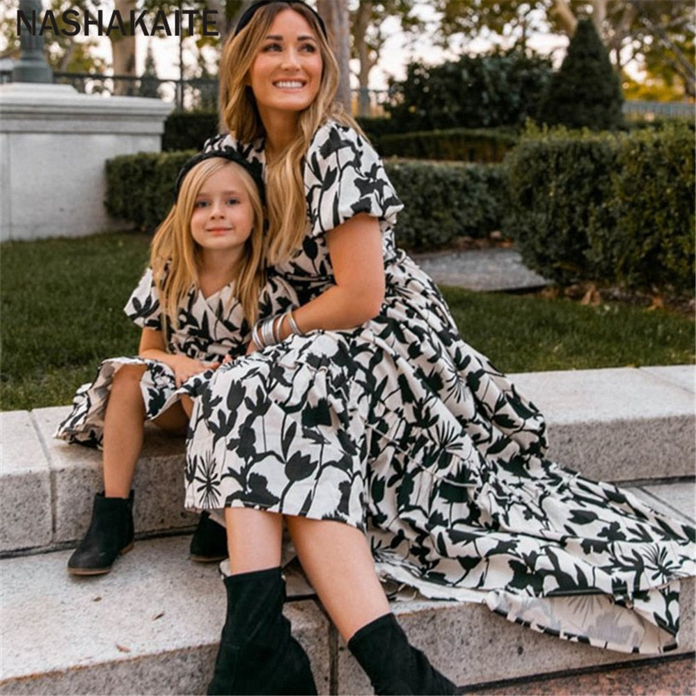 Matching Family Outfit - Mummy and Daughter Large Flowers Long Dress