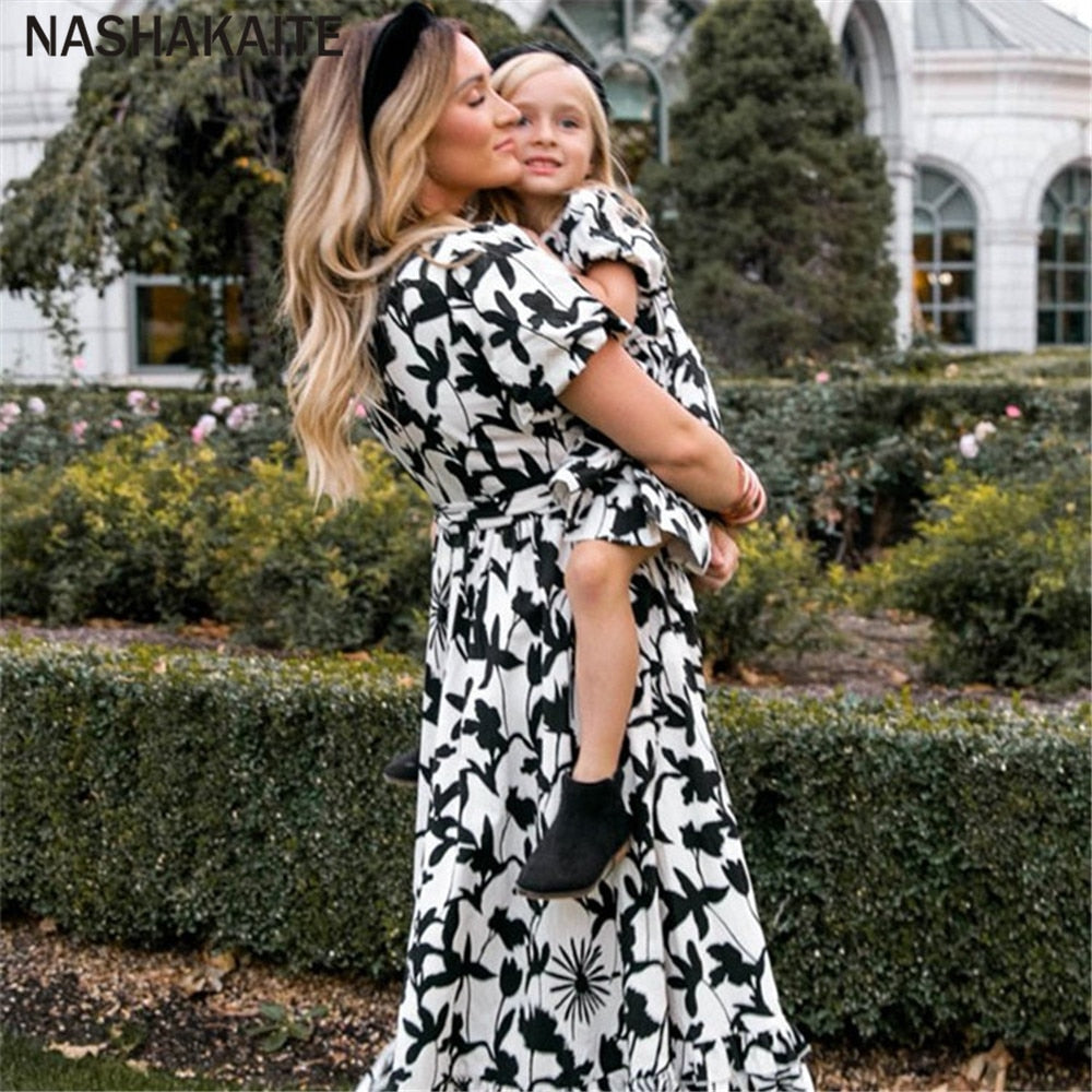 Matching Family Outfit - Mummy and Daughter Large Flowers Long Dress