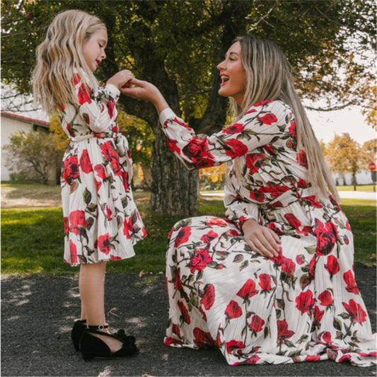 Matching Family Outfit - Mummy and Daughter Large Flowers Long Dress