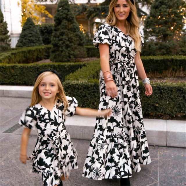 Matching Family Outfit - Mummy and Daughter Large Flowers Long Dress