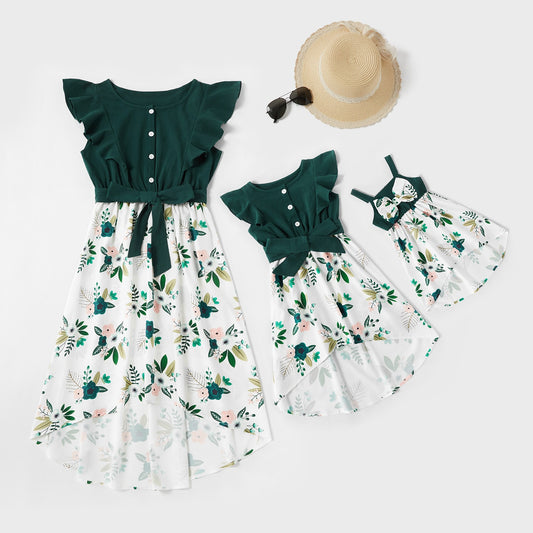 Matching Family Outfit - Mummy and Daughter Green Floral Dress with Ruffles