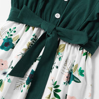 Matching Family Outfit - Mummy and Daughter Green Floral Dress with Ruffles