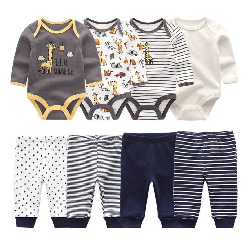 Baby Cotton Set Outfit - Pants and Long Sleeve Romper - 8 and 6 pieces package