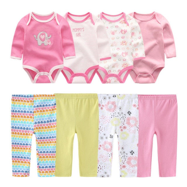 Baby Cotton Set Outfit - Pants and Long Sleeve Romper - 8 and 6 pieces package