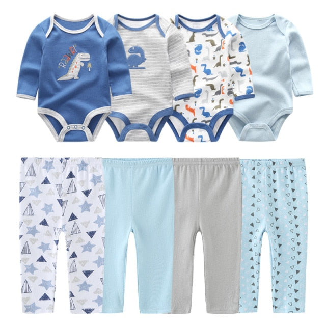 Baby Cotton Set Outfit - Pants and Long Sleeve Romper - 8 and 6 pieces package