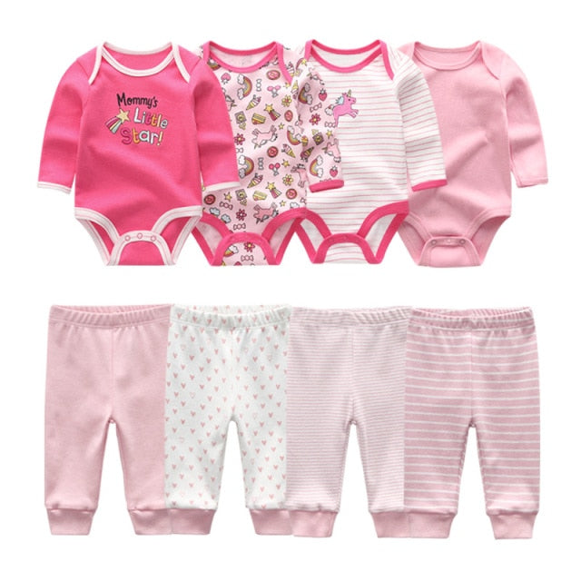 Baby Cotton Set Outfit - Pants and Long Sleeve Romper - 8 and 6 pieces package