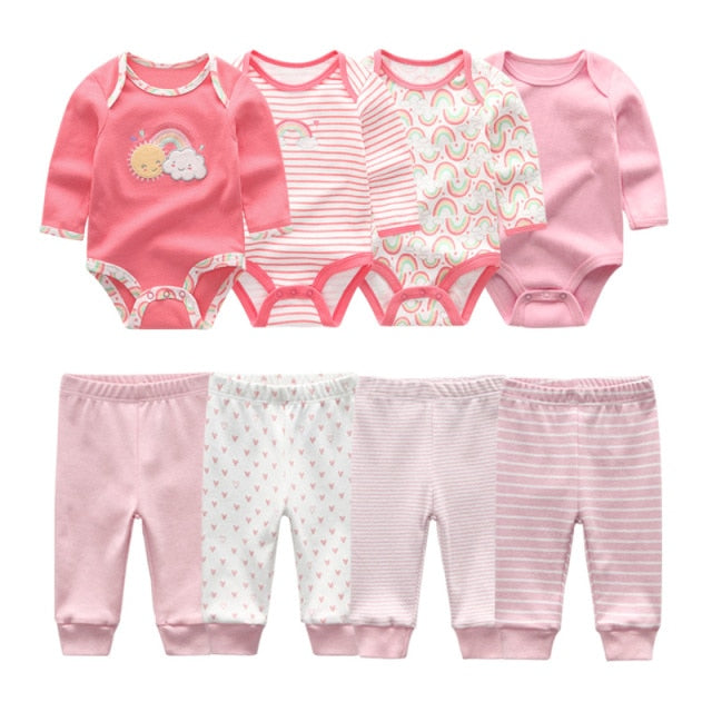 Baby Cotton Set Outfit - Pants and Long Sleeve Romper - 8 and 6 pieces package