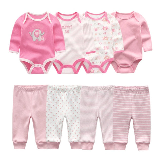 Baby Cotton Set Outfit - Pants and Long Sleeve Romper - 8 and 6 pieces package