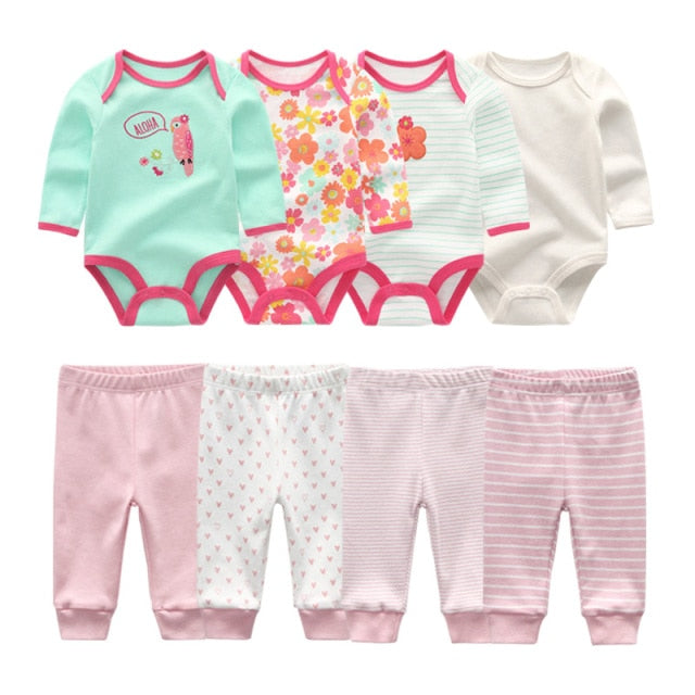 Baby Cotton Set Outfit - Pants and Long Sleeve Romper - 8 and 6 pieces package