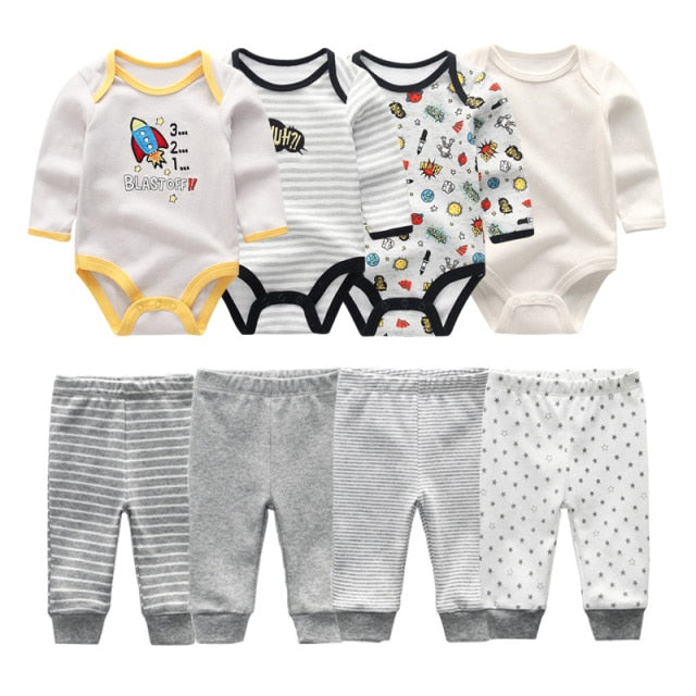 Baby Cotton Set Outfit - Pants and Long Sleeve Romper - 8 and 6 pieces package