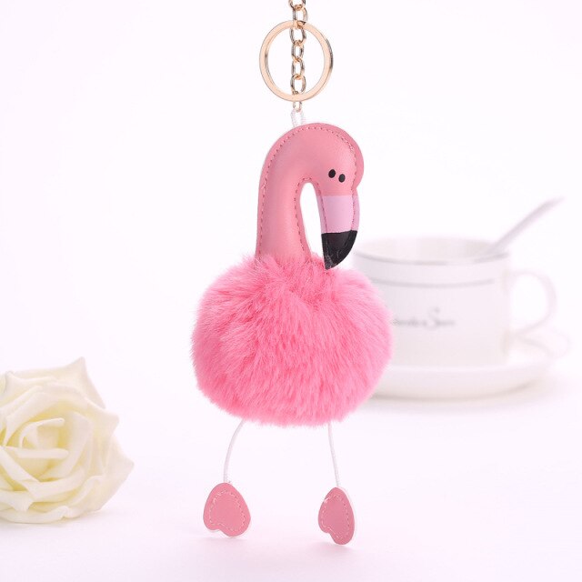 Cute Keychain with Pompom - Flamingo shape