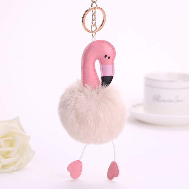 Cute Keychain with Pompom - Flamingo shape