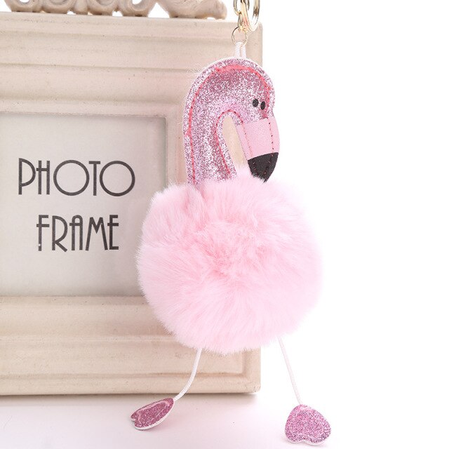 Cute Keychain with Pompom - Flamingo shape