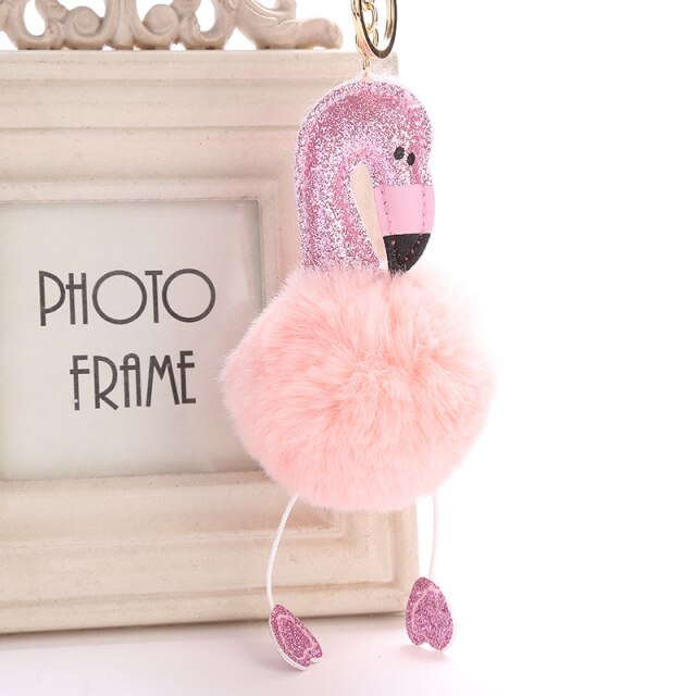 Cute Keychain with Pompom - Flamingo shape