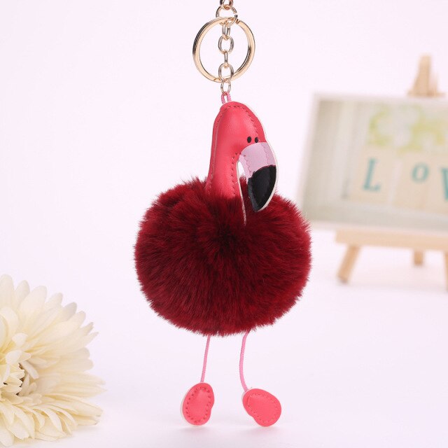 Cute Keychain with Pompom - Flamingo shape