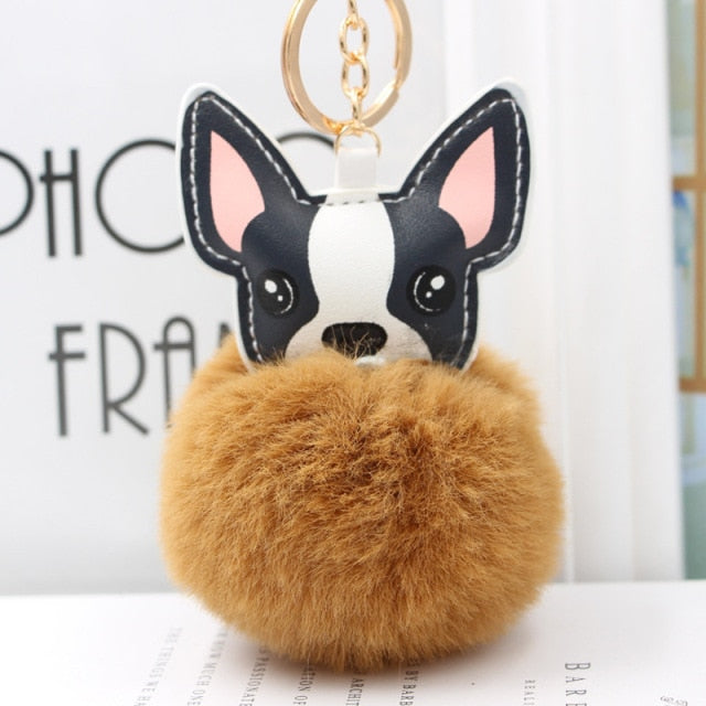 Cute Keychain with Pompom - Puppy Bulldog shape