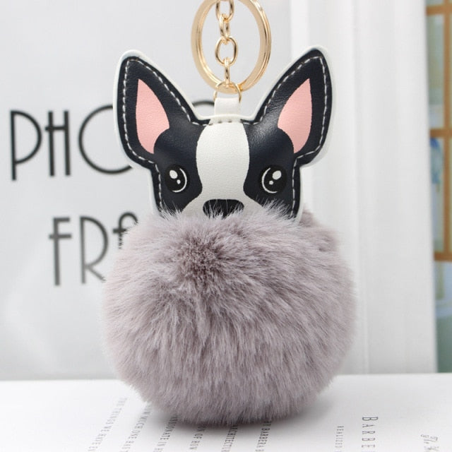 Cute Keychain with Pompom - Puppy Bulldog shape