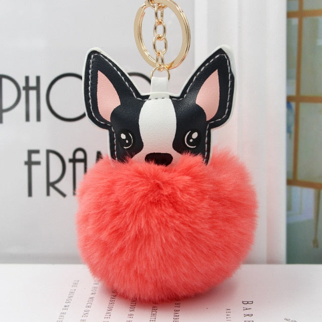 Cute Keychain with Pompom - Puppy Bulldog shape