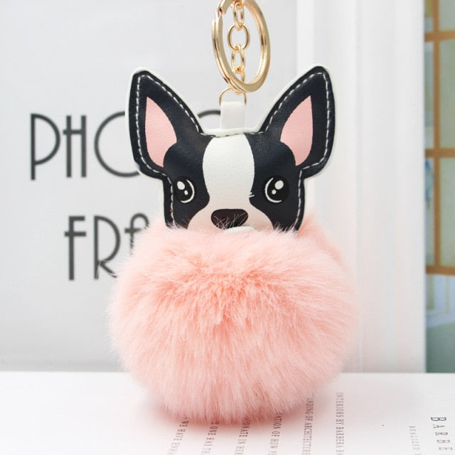 Cute Keychain with Pompom - Puppy Bulldog shape