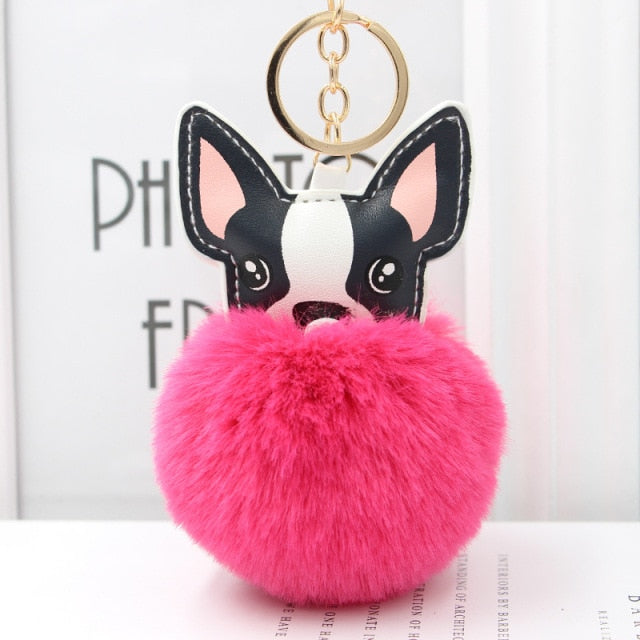 Cute Keychain with Pompom - Puppy Bulldog shape