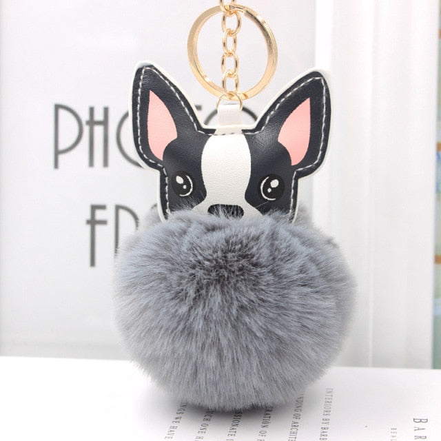 Cute Keychain with Pompom - Puppy Bulldog shape