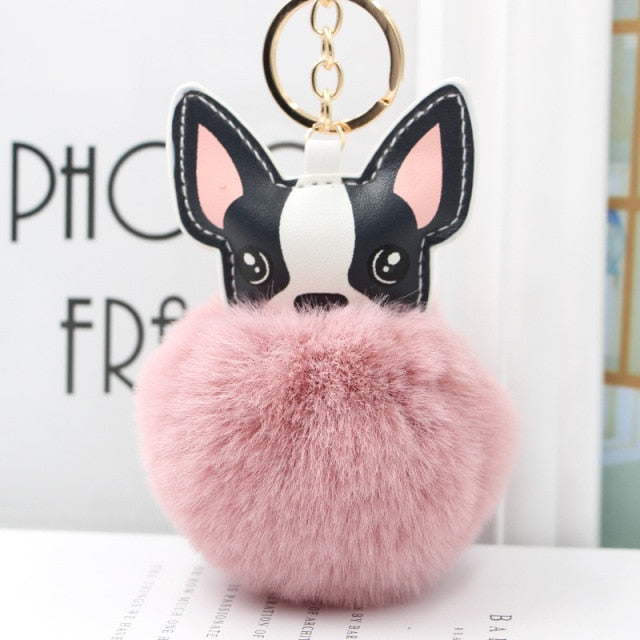 Cute Keychain with Pompom - Puppy Bulldog shape