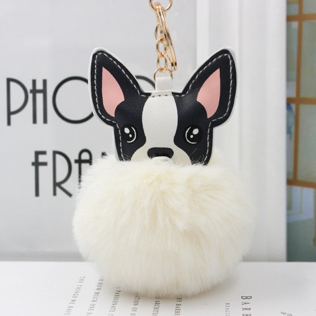 Cute Keychain with Pompom - Puppy Bulldog shape