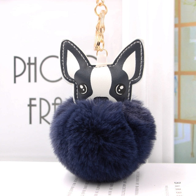 Cute Keychain with Pompom - Puppy Bulldog shape