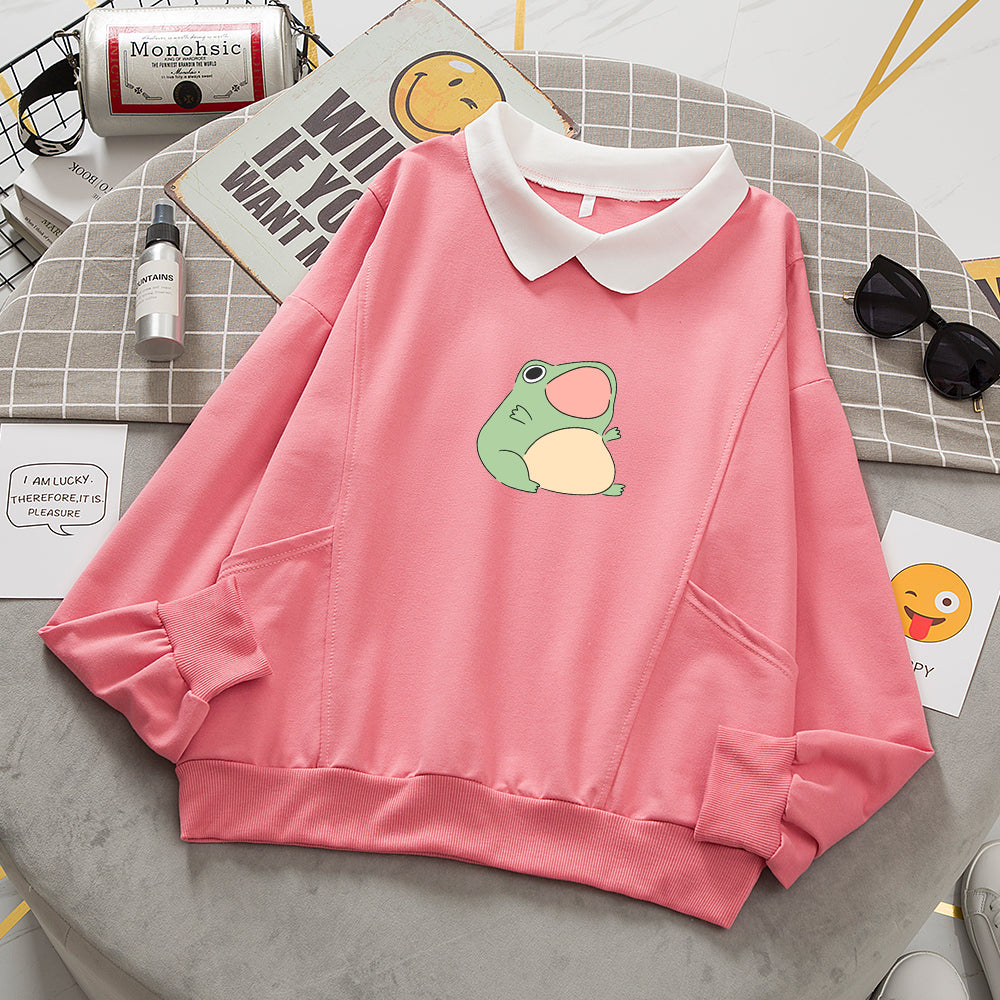 Cartoon Frog Oversized Sweatshirt with Turn-down Collar and Pockets